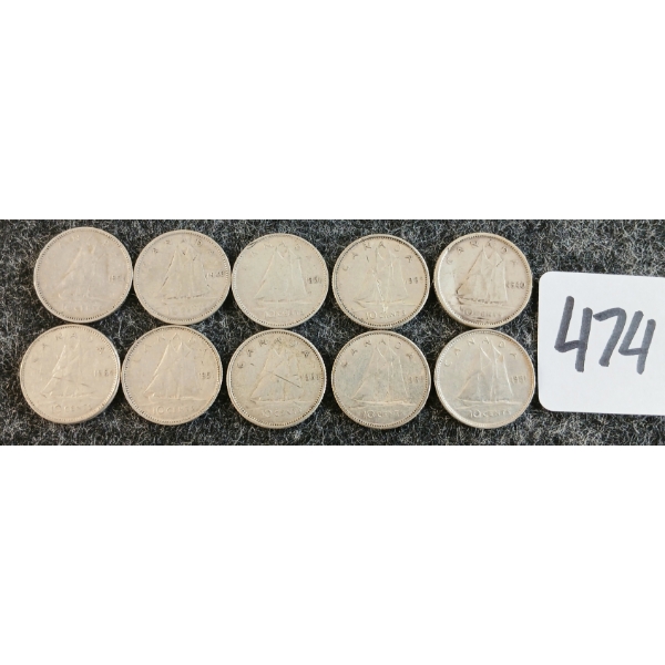 LOT OF 10 - 1940-1965 CDN 10 CENT COINS