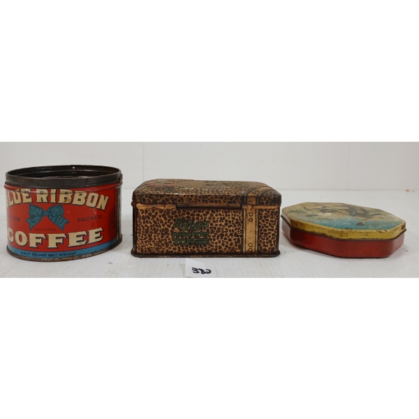 LOT OF 3 - MISC TINS - INCL BLUE RIBBON COFFEE & RILEY'S TOFFEE