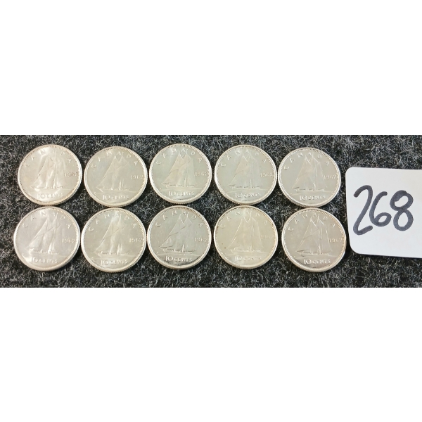 LOT OF 10 - 1962 CDN 10 CENT COINS