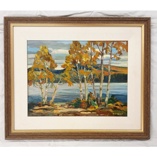 AUTUMN SHORELINE BY WALTER JACKSON COUCILL (1915 - 1982) - FRAMED OIL ON CANVAS BOARD