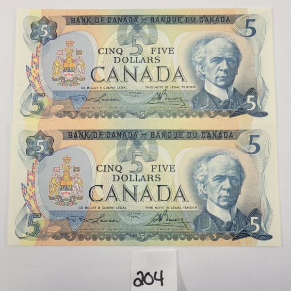 LOT OF 2 - 1979 CDN $5 BANKNOTES - SEQUENTIAL