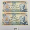 LOT OF 2 - 1979 CDN $5 BANKNOTES - SEQUENTIAL