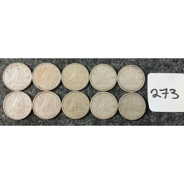 LOT OF 10 - 1952-1962 CDN 10 CENT COINS