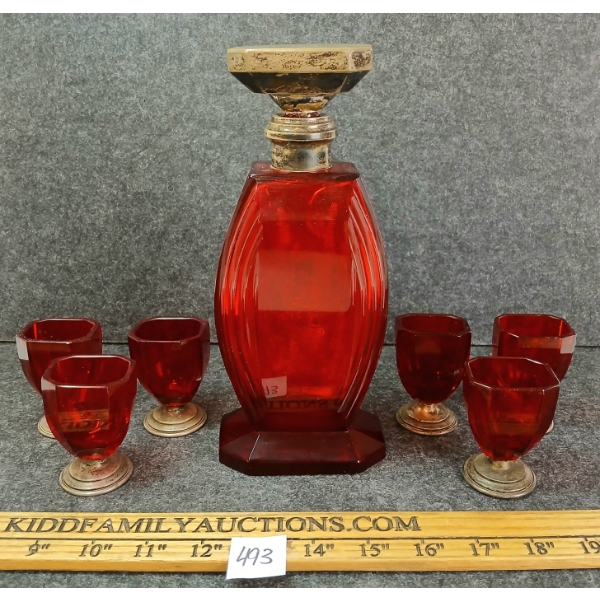 LOT OF 7 - CRANBERRY ART DECO GLASS DECANTER W/ STOPPER & MINIATURE GOBLETS