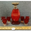 LOT OF 7 - CRANBERRY ART DECO GLASS DECANTER W/ STOPPER & MINIATURE GOBLETS