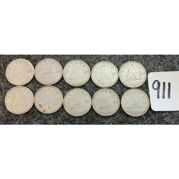 LOT OF 10 - 1942-1965 CDN 10 CENT COINS