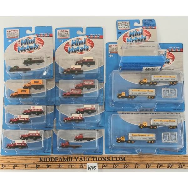 LOT OF 11 - MINI METALS DIECAST N SCALE TRACKSIDE VEHICLES - DELIVERY & FLATBED TRUCKS