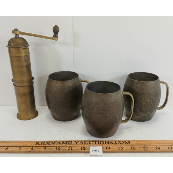 LOT OF 4 - BRASS PEPPER GRINDER & MUGS - CAMEL RIDING SCENE