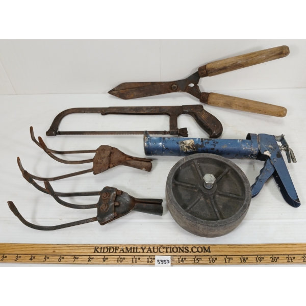 LOT OF 6 - CAULKING GUN, GARDEN SHEARS & HACK SAW, ETC.