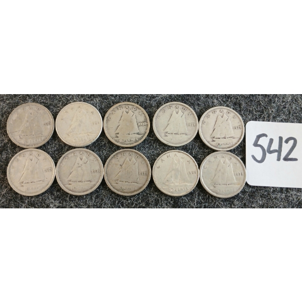 LOT OF 10 - 1939-1956 CDN 10 CENT COINS