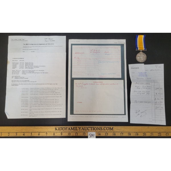 CAPT. F.L. BROOKS BWM. FILE - WWI SILVER MEDAL & PAPERWORK