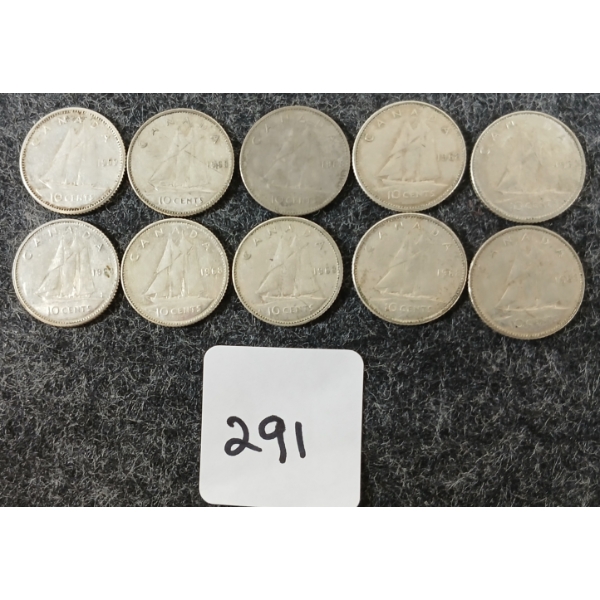 LOT OF 10 - 1968 CDN 10 CENT COINS