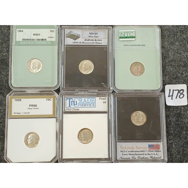 LOT OF 6 - 1954-1964 U.S. 10 CENT COINS - GRADED