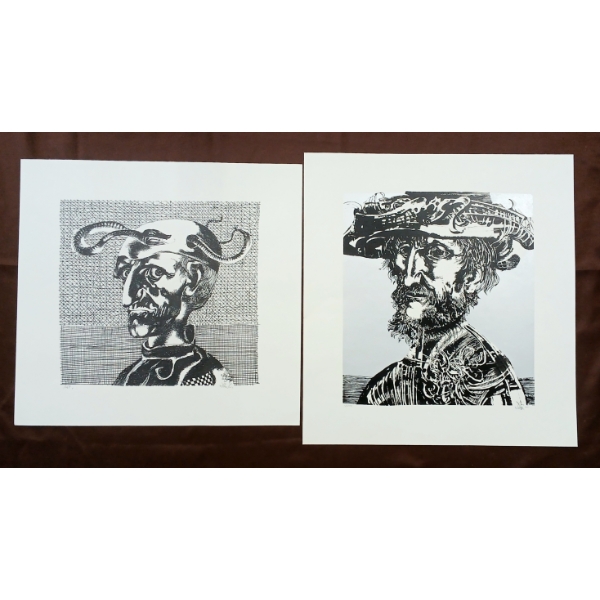 LOT OF 2 - FOLK SURREALISM & MAN'S PORTRAIT BY ENDRE SZASZ (1926-2003) - PRINT