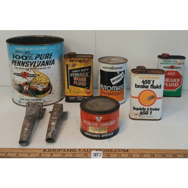 LOT OF 8 - MOTO-MASTER OIL, BRAKE FLUID, TRANS FLUID & LUBRICANT CANS & SPOUTS