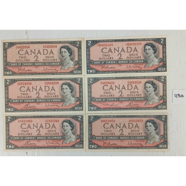LOT OF 6 - 1954 CDN $2 BANKNOTES