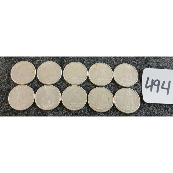 LOT OF 10 - 1960-1961 CDN 10 CENT COINS