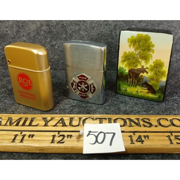 LOT OF 3 - HAND PAINTED LACQUERED TRINKET BOX & ZIPPO & STORM LIGHTERS
