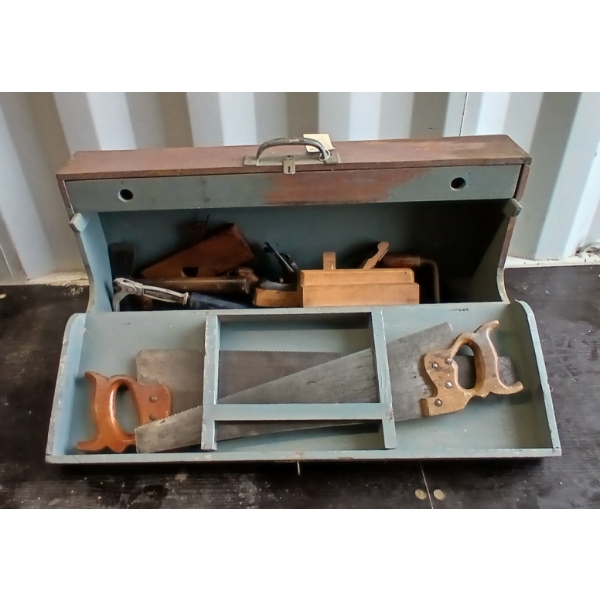 VINTAGE CARPENTER'S TOOL BOX W/ CONTENTS - WOOD PLANES, SAWS, DRILL BITS, ETC