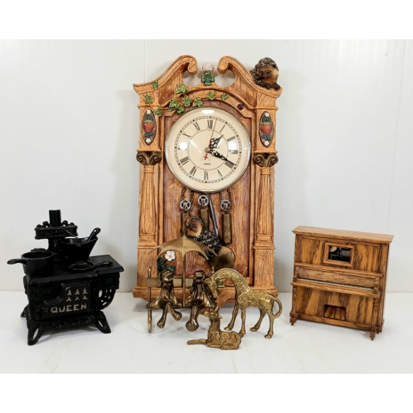 JOB LOT - INNOVATION BRAMBLE & CLOVER WALL CLOCK, PIANO MUSIC BOX, BRASS FIGURES & CAST STOVE MODEL