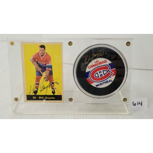 1960 NHL MONTREAL CANADIENS PHIL GOYETTE HOCKEY CARD & PUCK W/ PLAQUE - SIGNED