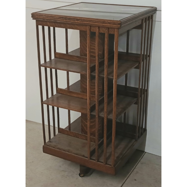 EDWARDIAN REVOLVING BOOKCASE W/ CASTORS - TIGER OAK W/ GLASS TOP