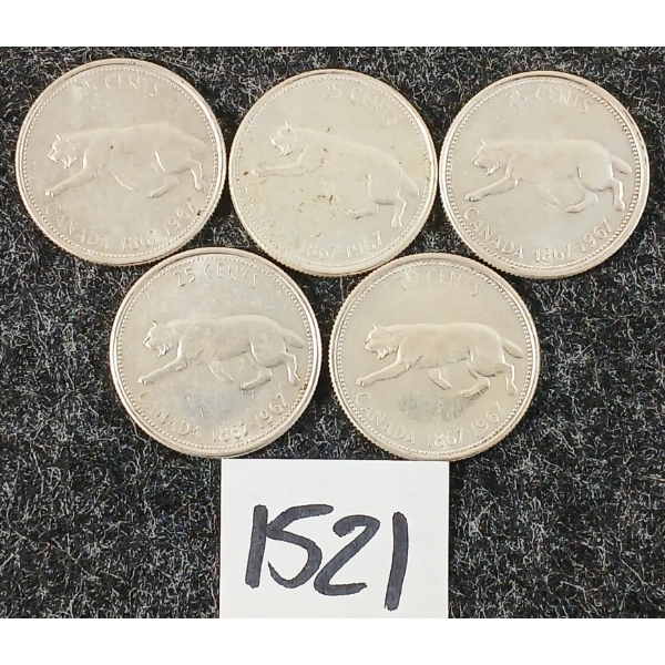 LOT OF 5 - 1967 CDN 25 CENT SILVER COINS