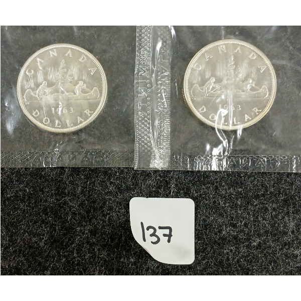  LOT OF 2 - 1963 CDN SILVER DOLLARS - VOYAGEUR 