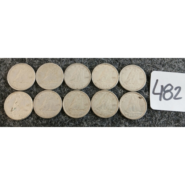 LOT OF 10 - 1947-1957 CDN 10 CENT COINS