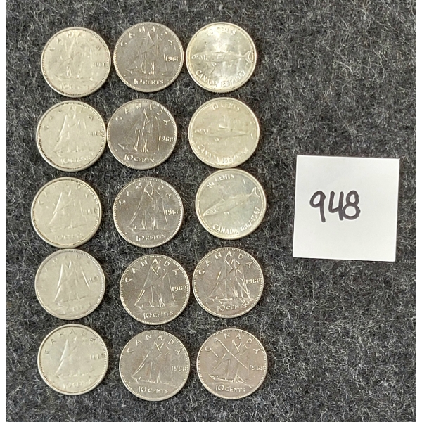 LOT OF 15 - 1963 & 1968 CDN SILVER DIMES