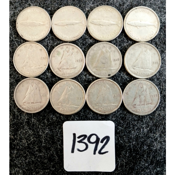LOT OF 12 - 1947-1968 CDN 10 CENT COINS