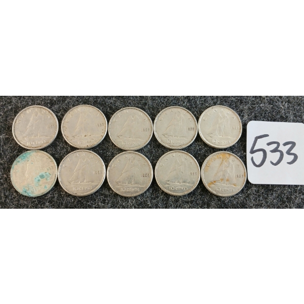 LOT OF 10 - 1955-1959 CDN 10 CENT COINS