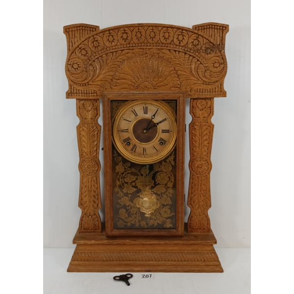 1915 E. INGRAHAM GINGERBREAD "ATLANTIC" OAK SHELF CLOCK