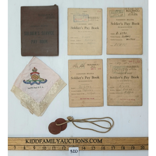 LOT OF 5 - WWII PAYBOOKS & EMBROIDERED HANDKERCHIEF