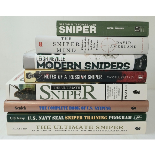 LOT OF 8 - MIXED MILITARY SNIPING BOOKS - "NOTES OF A RUSSIAN SNIPER", "THE SNIPER MIND", ETC