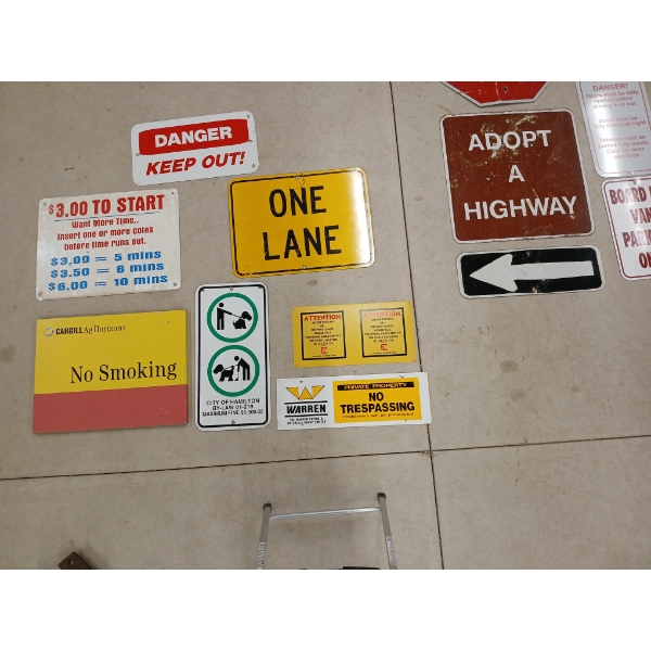 LOT OF 7 - MISC / ROAD SIGNS - DANGER KEEP OUT, ONE LANE, NO SMOKING, ETC