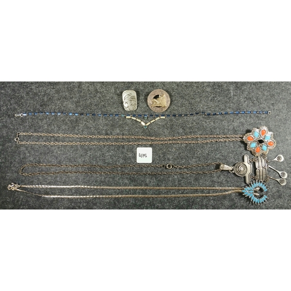 LOT OF 6 - SILVER TONED BROOCHES & NECKLACES - INCL AVON, GOLDETTE, ETC