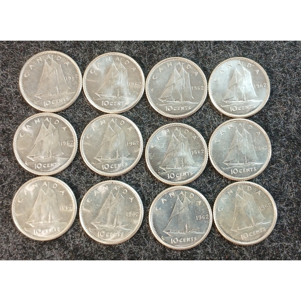 LOT OF 12 - 1962 CDN 10 CENT COINS