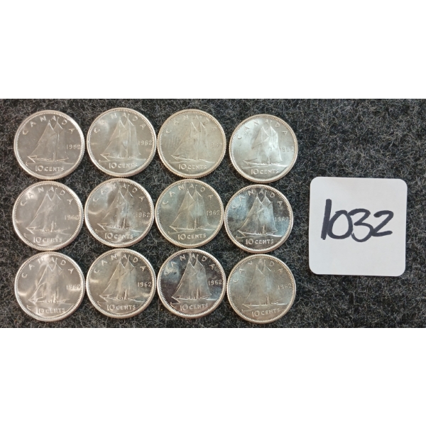 LOT OF 12 - 1962 CDN 10 CENT COINS