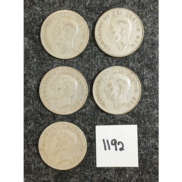 LOT OF 5 - 1952 CDN 50 CENT SILVER COINS
