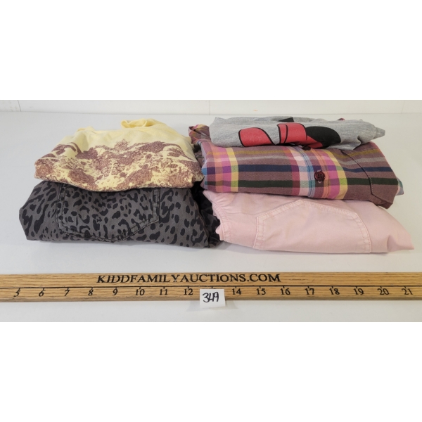 LOT OF 5 - WOMEN'S MINIMUM, INSIGHT & WESC T-SHIRTS, PANTS & DRESS - FT MINNIE MOUSE, TARTAN, ETC