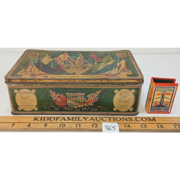 LOT OF 2 - WWI CDN EXPEDITIONARY FORCE BISCUIT TIN & 1937 CORONATION SOUVENIT MATCH SAFETY