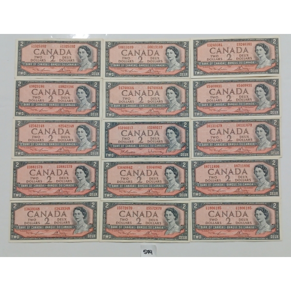 LOT OF 15 - 1954 CDN $2 BANKNOTES