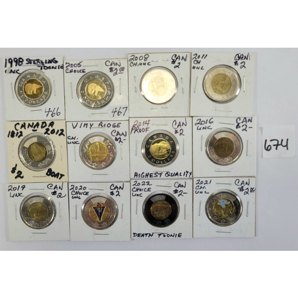 LOT OF 12 - CDN TOONIES - INCL 1998, 2005 & 2008 ETC