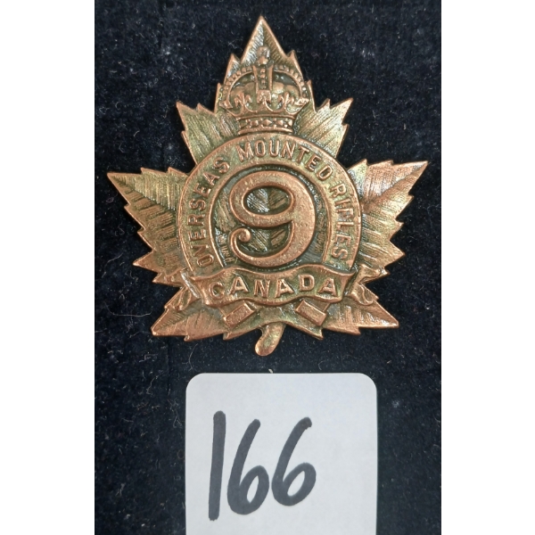 WWI 9TH CDN MOUNTED RIFLES CAP BADGE