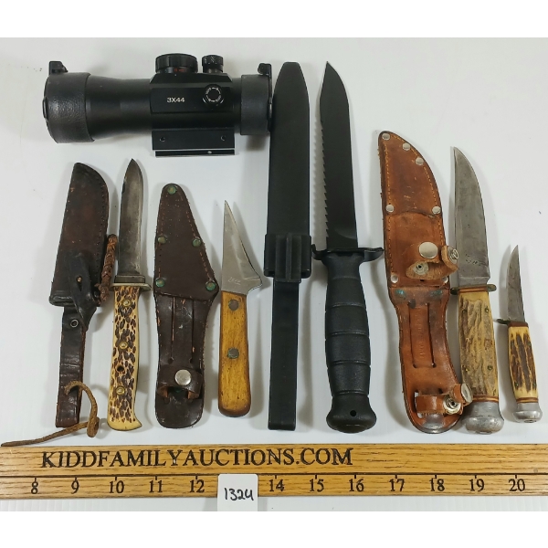 LOT OF 6 - 3X44 SPOTTING SCOPE & HUNTING KNIVES - INCL LOCK 81, ZEPF, ETC