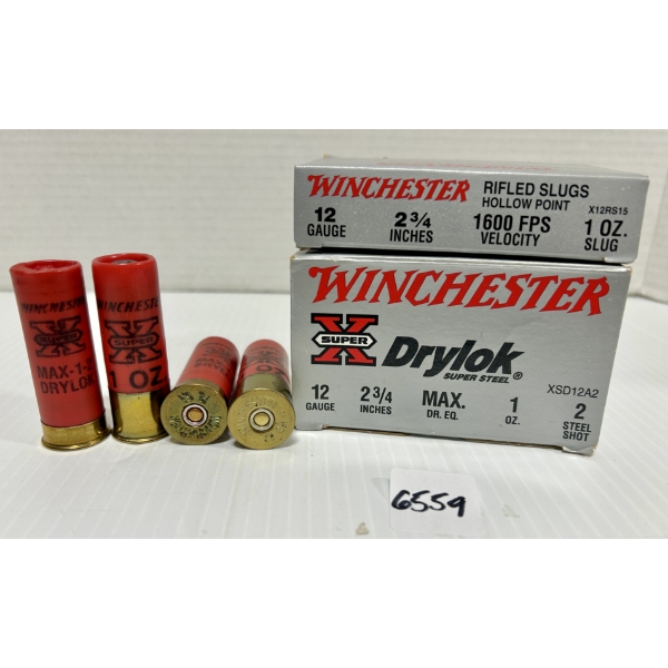 AMMO: 25X WINCHESTER 12 GA 2-3/4 IN - 5X SLUGS & 20X #2 STEEL