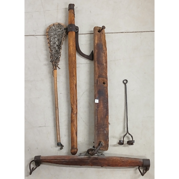 LOT OF 4 - SINGLETREE YOKE, BRANDING IRON, LACROSSE STICK, ETC. 