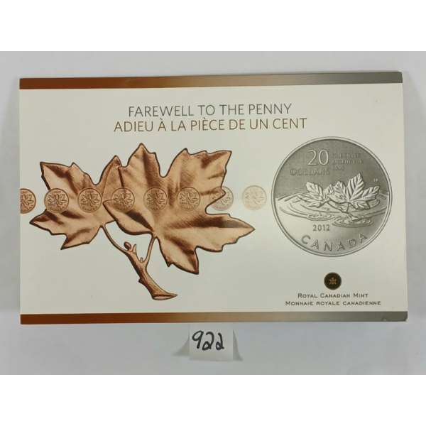 2012 RCM $20 SILVER COIN - FAREWELL TO THE PENNY