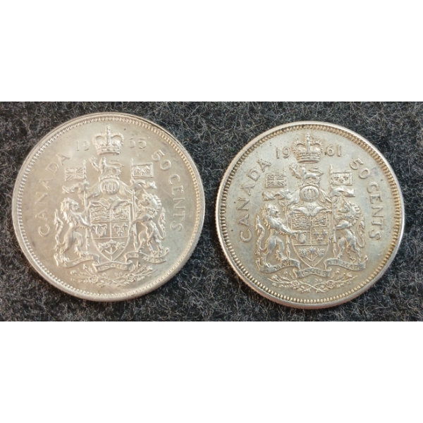 LOT OF 2 - 1961 & 1965 CDN 50 CENT SILVER COINS